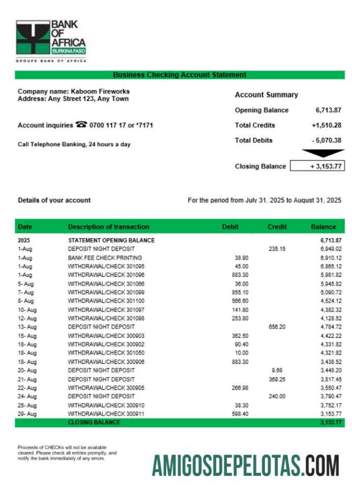 Baixável Bank Of Africa Extrato de conta corrente corporativa modelo Word e PDF